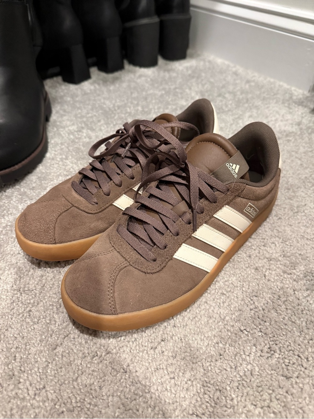 Adidas Brown Suede Sneakers with Cream Stripes and Gum Sole